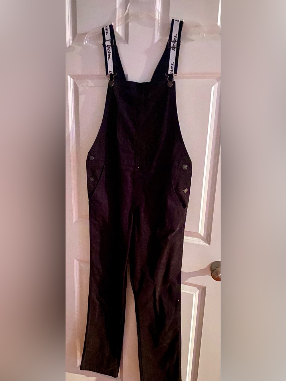 Free People-Dickies Black Overalls with Red Logo Patch.